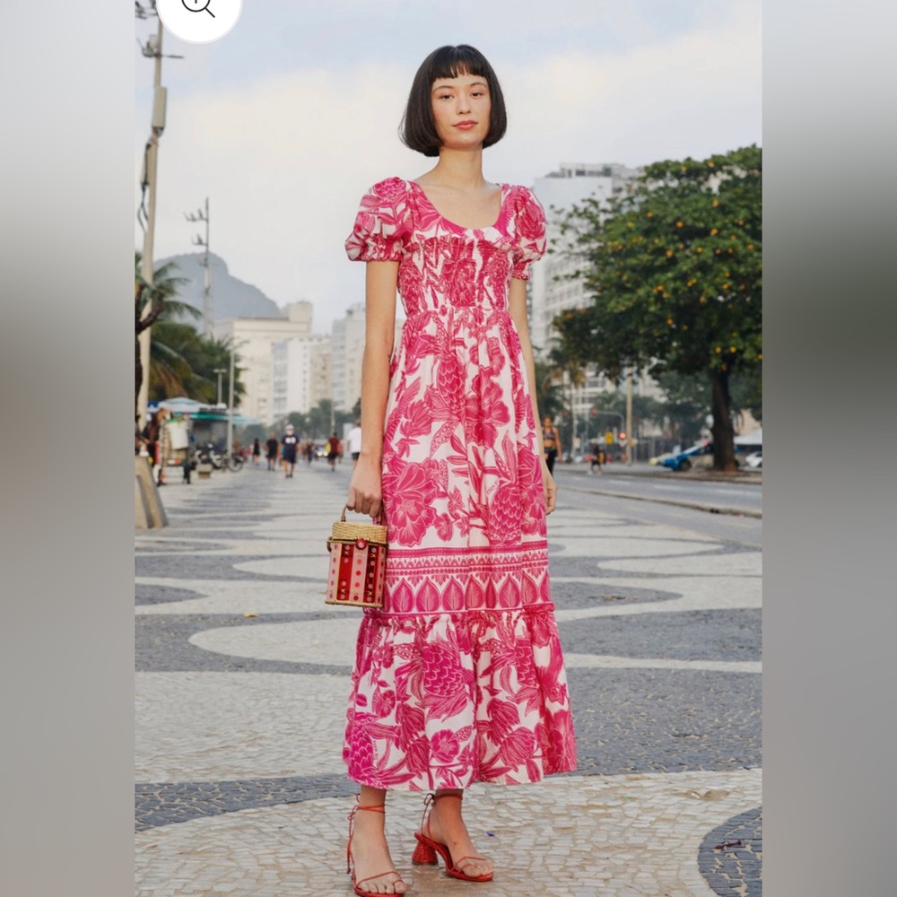Farm Rio Pink Tropical Woodcut Maxi Dress. Size Small. NWT!